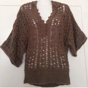 FREE PEOPLE Sz M Open Weave Crochet Style Hooded Pull On 3/4 Sleeves Sweater Top